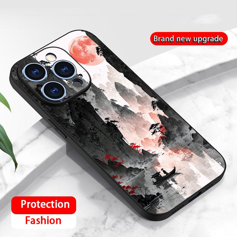 Чехол для телефона с дизайном в стиле китайской тушевой живописи Для iPhone 16 16e 15 14 13 12 11 Plus Pro Max Мягкий черный Ударопрочный чехол