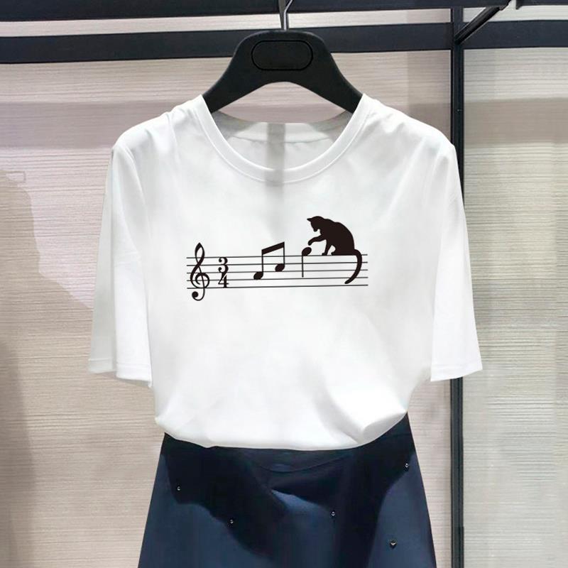 (Азиатский размер) Модный принт, женский забавный тренд с котом, милый, милый, повседневный женский топ, повседневная футболка, футболка с коротким рукавом и графикой