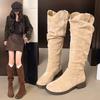 Модные женские сапоги на низком каблуке, замшевые сбоку, ботфорты до бедра, женские сапожки в стиле ретро, осенне-зимние сапоги до колена