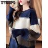 Striped Round Neck Knitted Sweater New Autumn and Winter Knitted Sweater Loose Lazy Western-style Top Versatile