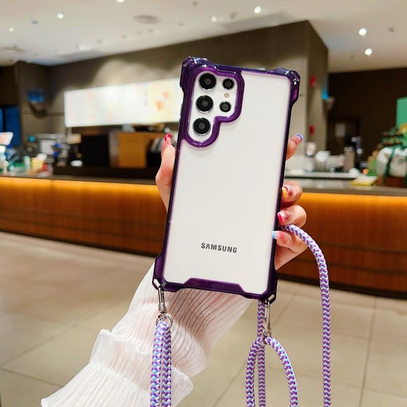 Чехол-ремешок с усиленными углами для Samsung Galaxy S23 Ultra S23 Plus S23Ultra S23Plus S24, с ремешком через плечо, противоударный, прозрачный