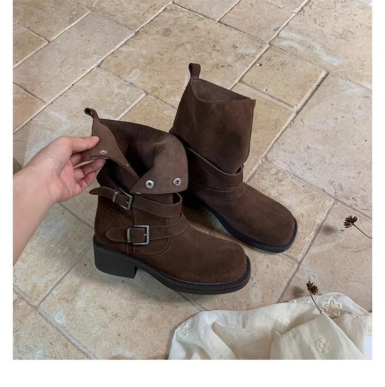 Виноградная мать того же стиля, увеличение высоты на 5,5 см~ Maillard толстый каблук толстая подошва ремешок с пряжкой коровья замша высокий каблук короткие ботинки женские