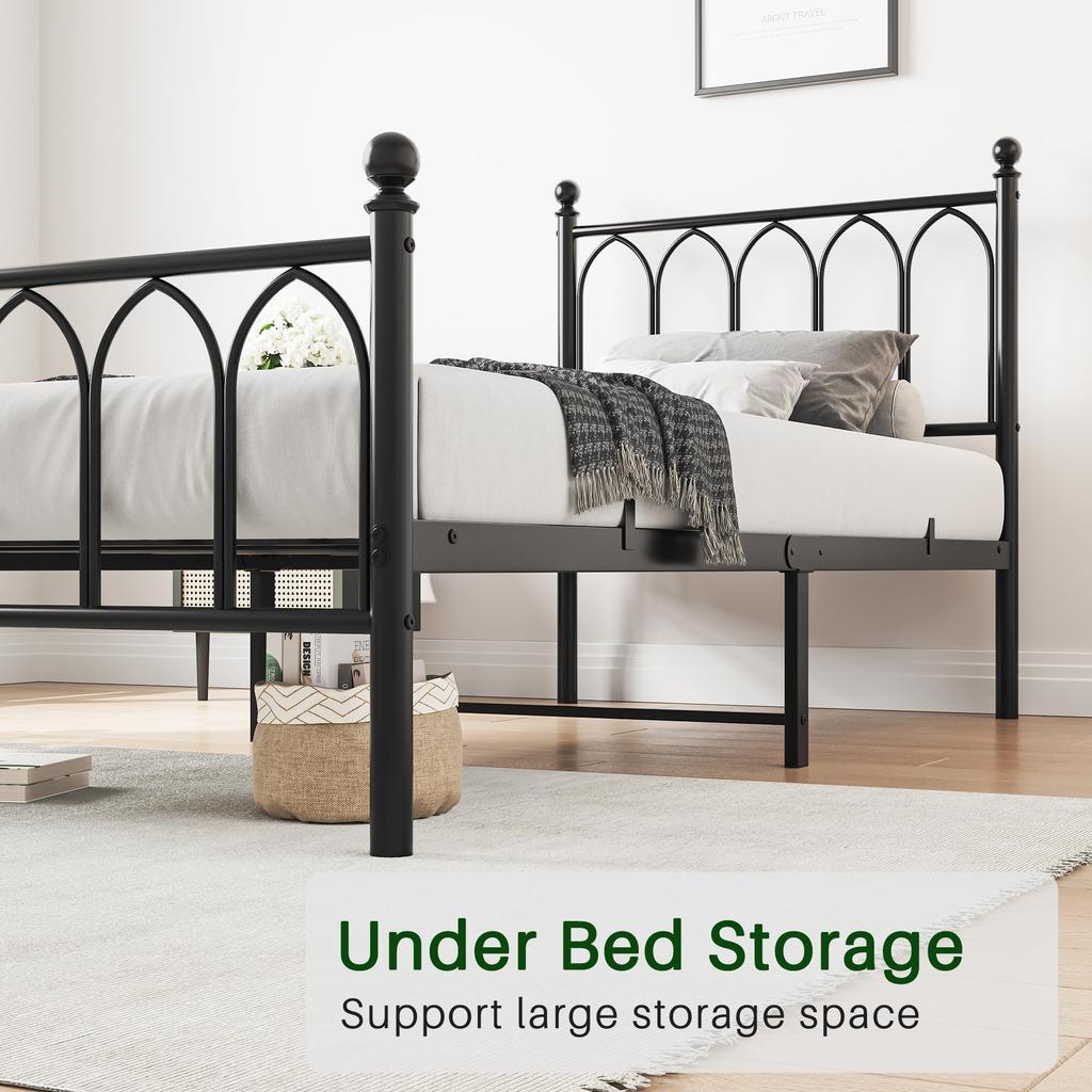 90x200cm Metal Bed Frame with Vintage Headboard and Footboard, Heavy Duty Steel Slat Support, Reach Under-Bed Storage, No Box Spring Required, Black