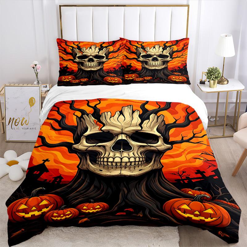 3pcs Halloween Skull Bedding Set - 1 Duvet Cover + 2 Pillowcases(Core Not Included), Machine Washable Polyester yy251216149