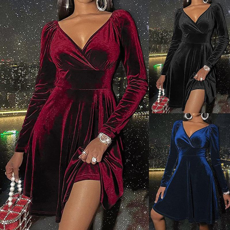 Женское бархатное платье на весну и осень, черное, красное, зеленое, с длинным рукавом и v-образным вырезом, тонкие мини-платья трапециевидной формы