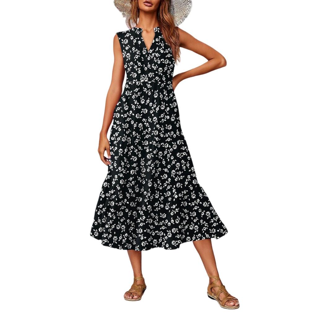 Women's Casual And Fashionable V-neck  Sleeveless Printing Mid Length Dress