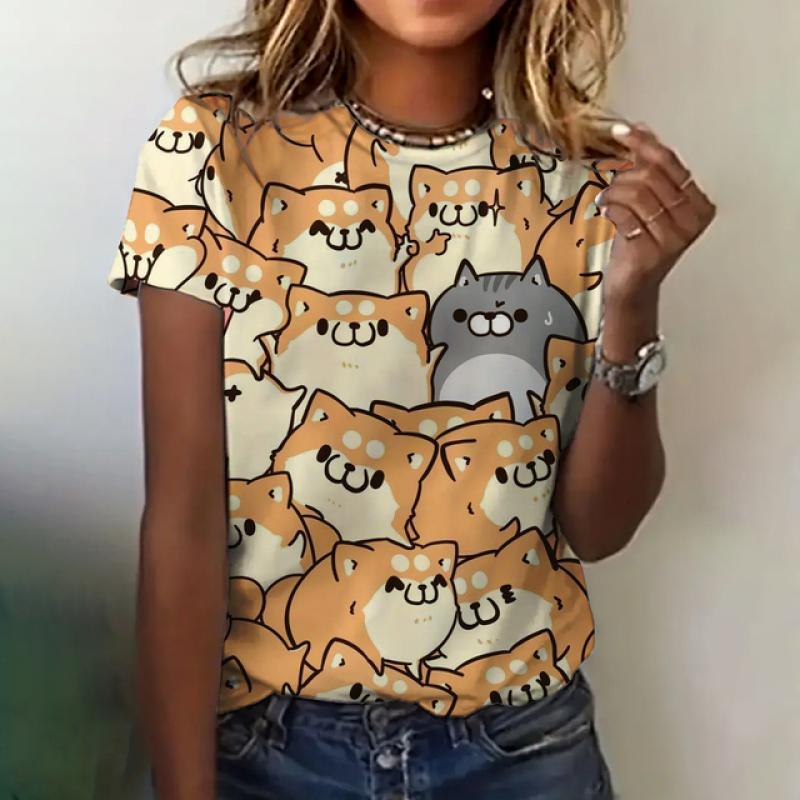Женская модная футболка, летняя одежда с круглым вырезом, элегантная повседневная верхняя одежда с коротким рукавом и принтом кота, модная свободная футболка, женская одежда
