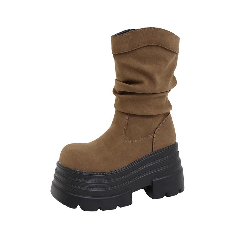 Fashion 10CM New 2024 Autumn Platform Mid-calf Boots High Heels Women Thick Sole Winter Leather Sock Shoes Chunky Motorcycle Boots Woman