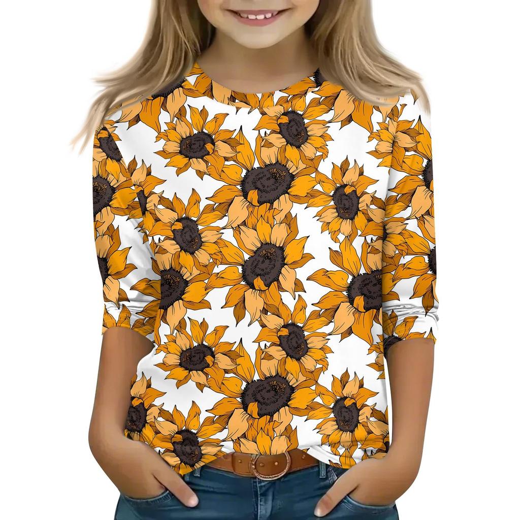 Детская футболка с рукавом 3/4, повседневная футболка с принтом, круглый вырез, блузка-пуловер