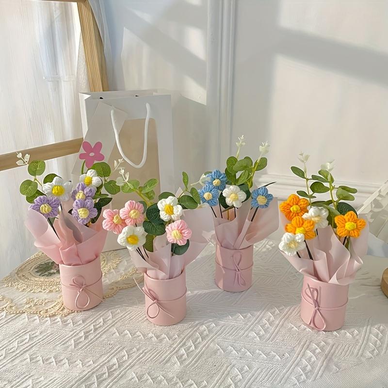 Flores Artificiales Teachers' Day Gift Table Decoration Handmade Cream Puff Flowers Bouquet Bucket Crochet Flower Bouquet