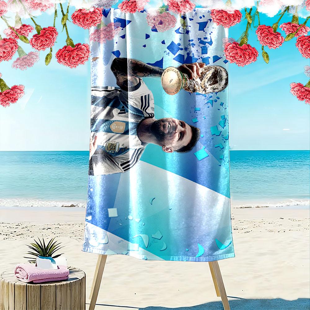 Giant Beach Towel Messi Holding World Cup Trophy, Quick Dry Microfiber, Ultra Soft, for Soccer Fan Gift
