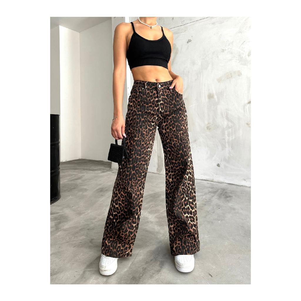 Women's Leopard Patterned High Waist Wide Leg Lycra Palazzo Pants