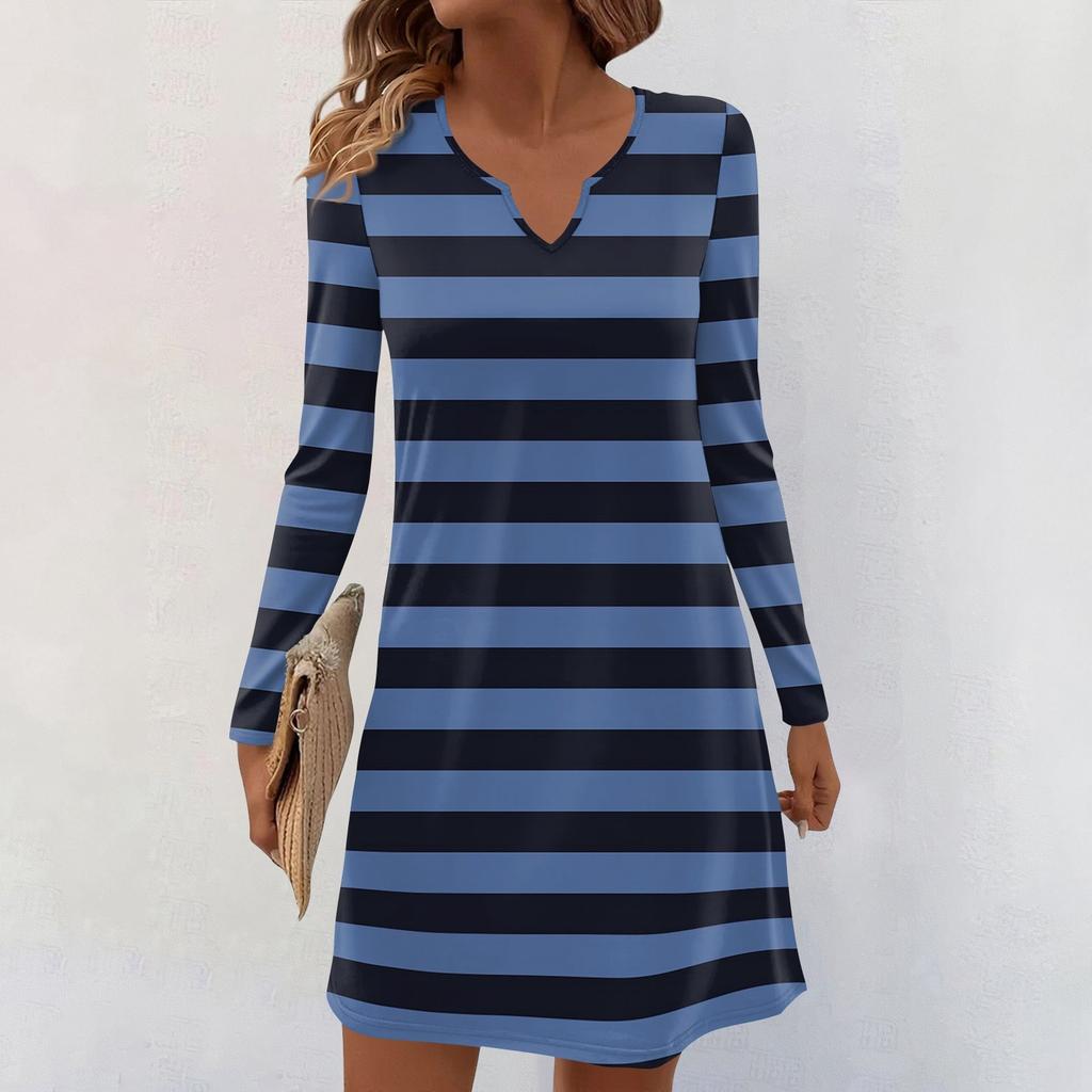 Women's Long-sleeved Casual Midi Dresses V-Neck Print Casual Dress