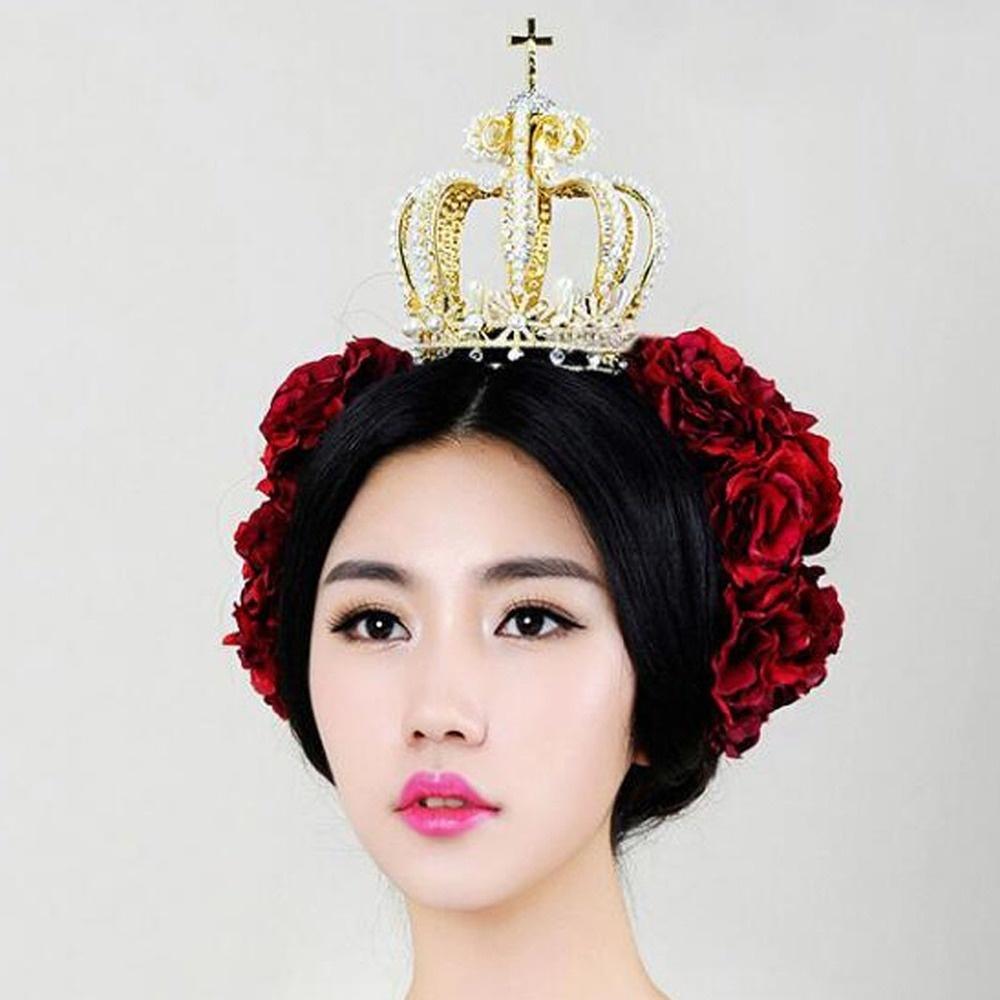 Bridal Hair Accessories Cross Baroque Styles Vantage Crystal Pearl Wedding Crown Alloy Bridal Tiara Baroque Queen Crowns