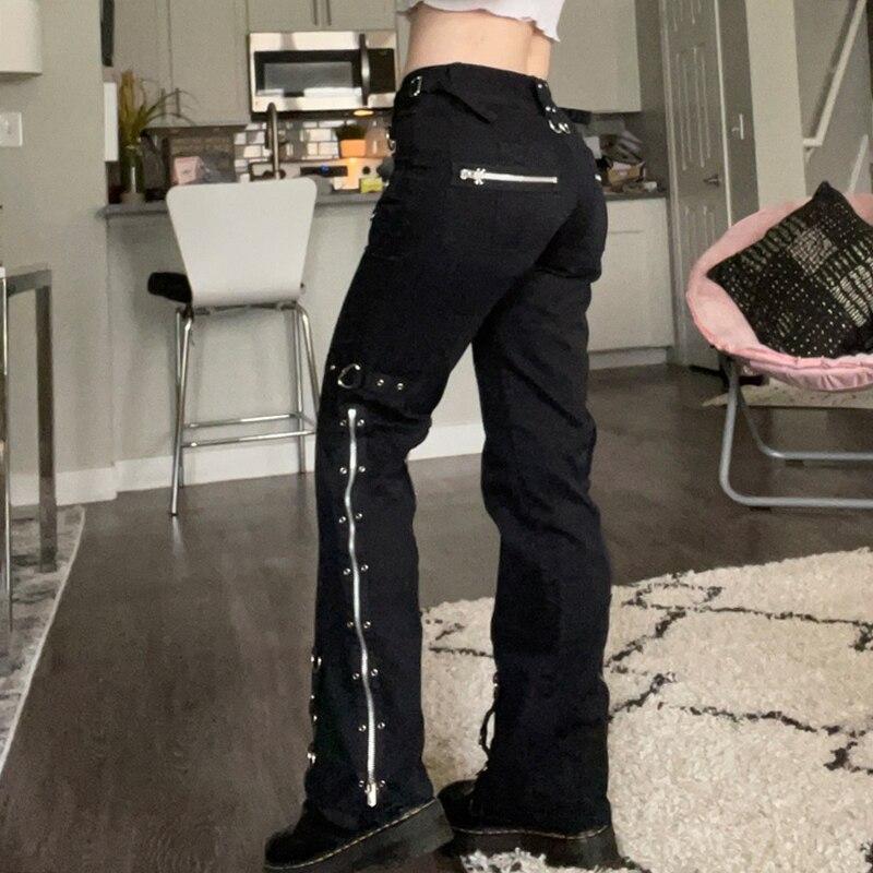 Rockmore Gothic Skinny Low Waist Jeans Woman Punk Cargo Pants Rivet Dark Academic Black Denim Trousers Capri Fashion Streetwear