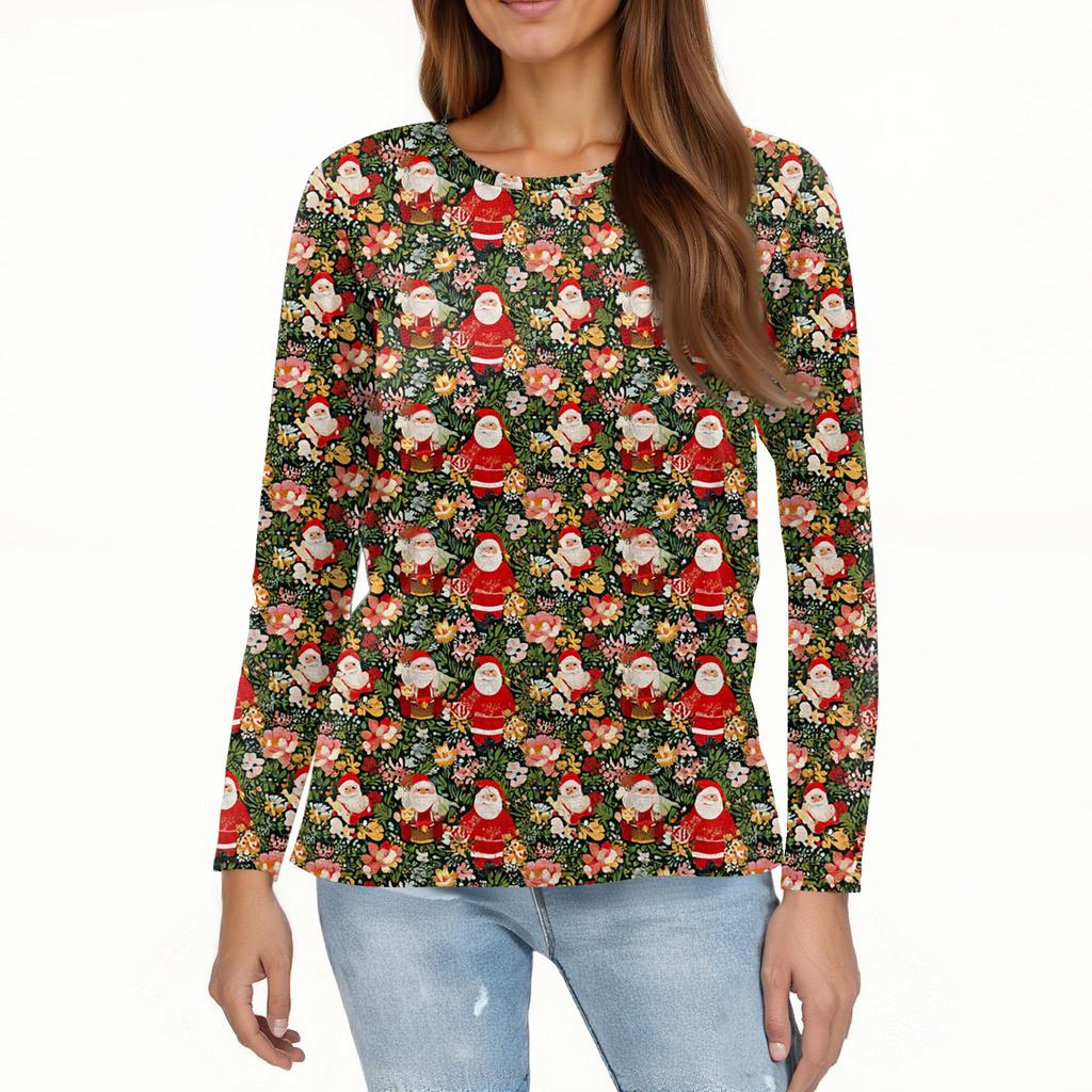 Женская мода повседневный топ с разрезом по низу и рождественским принтом с круглым вырезом и длинными рукавами