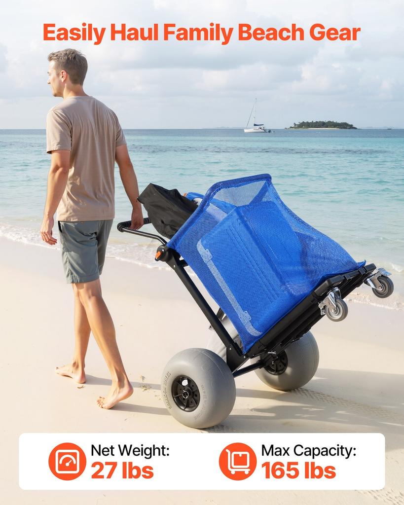 Beach Cart with Large Wheels for Sand, 75 kg Load Capacity, Heavy Duty Folding Beach Wagon with 320 mm Balloon Wheels, Storage Bag, 180° Adjustable