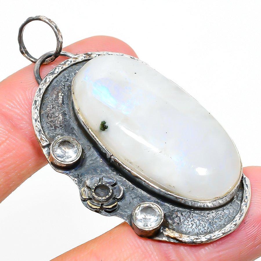 Rainbow Moonstone, Topaz 925 Sterling Silver Jewelry Pendant 2.36" y6P13