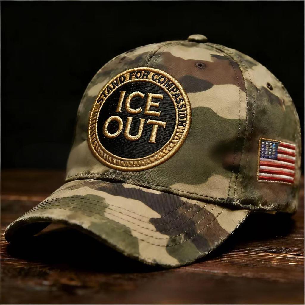 ICE Out Embroidered Baseball Cap Stand For Compassion Kindness Vintage Distressed Hat With American Flag Detail