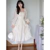Vintage Fairy Chiffon Long Dress Women White Elegant French Party Midi Dress Puff Sleeve Casual Women's Clothing