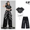 Girls Jazz Dance Outfit Set Short Sleeve Crop Top Ripped Pants Streetwear Style Performance