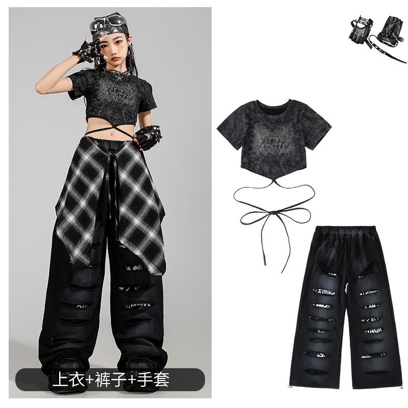 Girls Jazz Dance Outfit Set Short Sleeve Crop Top Ripped Pants Streetwear Style Performance