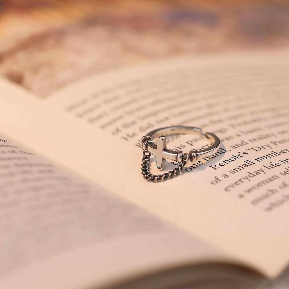 Retro Cross Chain Tassels For Women Zinc Alloy Color Punk Gothic Open Ring Handmade Designer Zircon Unisex Christian Accessories