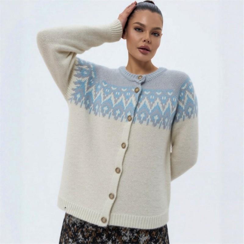 Womens Vintage Fair Isle Knit Cardigan Sweater Loose Fit Winter 2026 Geometric Wool Blend