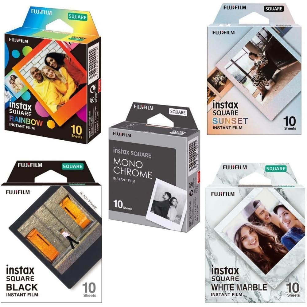 Fujifilm Square Instant Film Variety Pack – Rainbow, Sunset, Monochrome, Black, White, Marble – 5 Styles, 10 Sheets Each – Compatible with Instax Squa