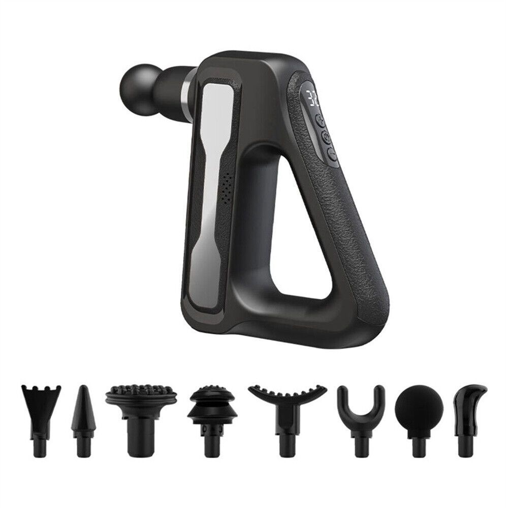 Новый ЖК-треугольный электрический массажный пистолет с ЖК-дисплеем, расслабляющий мышцы, 32-скоростной массаж глубоких тканей, постукивание по мышцам, упражнения для похудения, 8 массажных головок