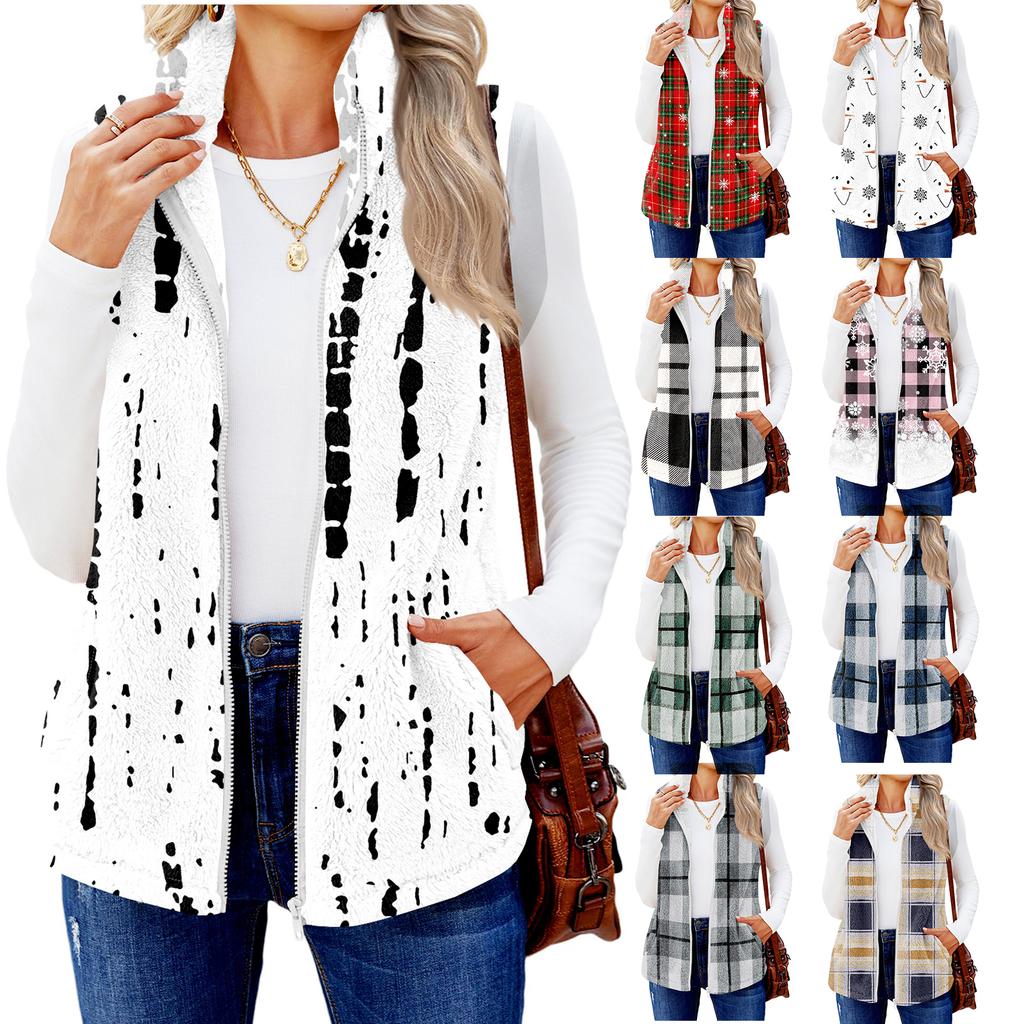 Women's Checked Print Fashionable And Warm Fleece Cardigan Vest Jacket