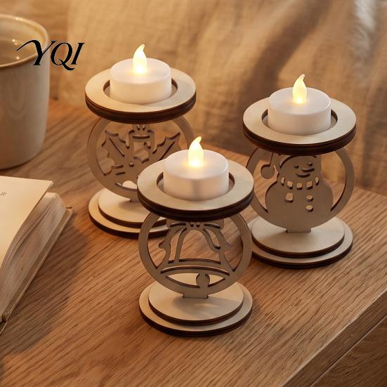 Christmas Table Centerpiece Decoration 3Pcs Wooden Candle Holder, Detachable Tealight Stand with Hollow Small Display Carved Snowman/Bell/Candle
