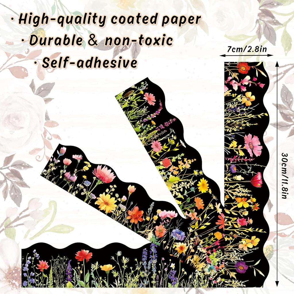 60 Pcs Floral Bulletin Board Borders Black Wild Flower Scalloped Self-Adhesive Border Trim Sticker Decals for Home Classroom Spring Party Wall
