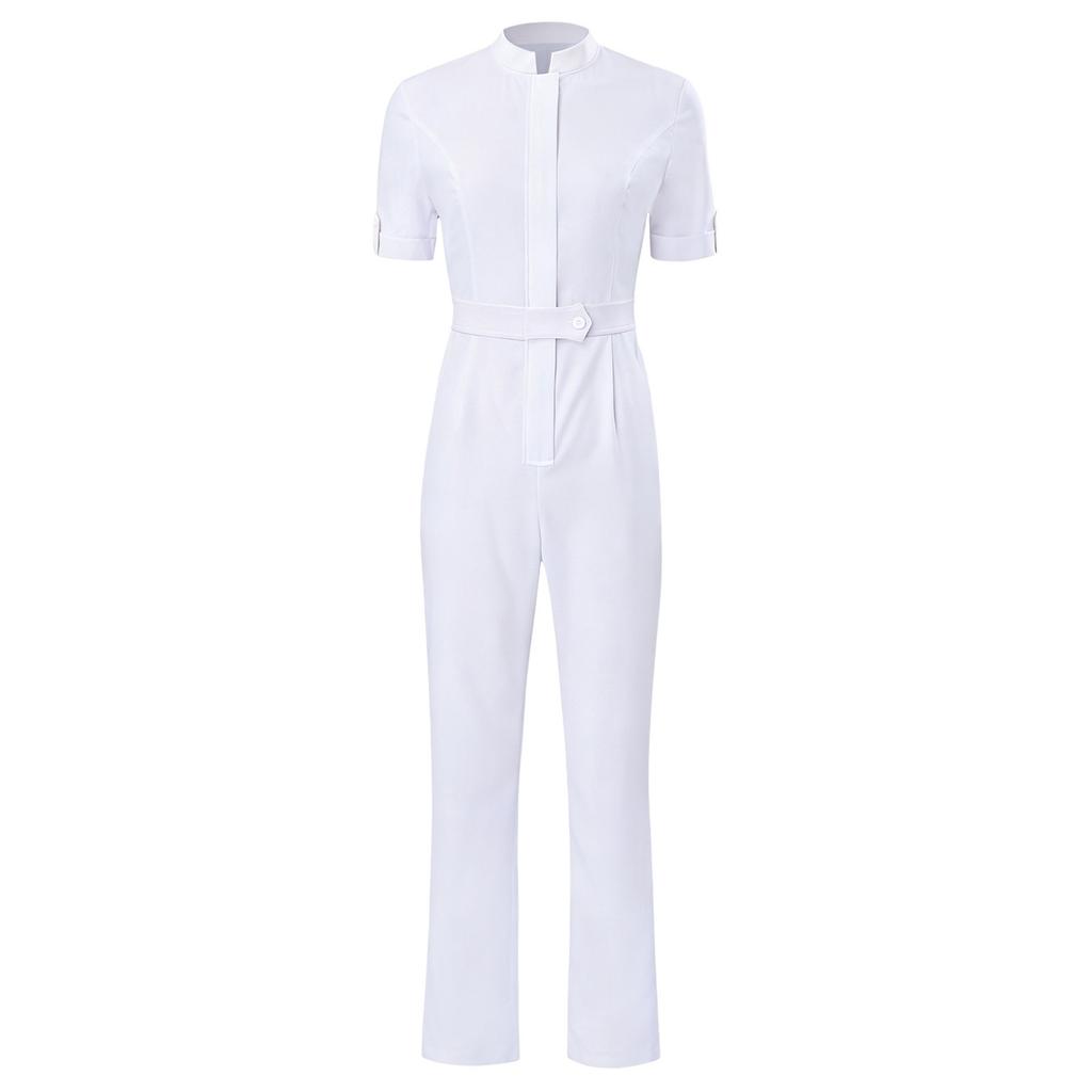 Women Color Block Scrub Romper Short Sleeve Front Zipper Straight Leg Jumpsuit Medical Workwear for Doctor Nurse Salon