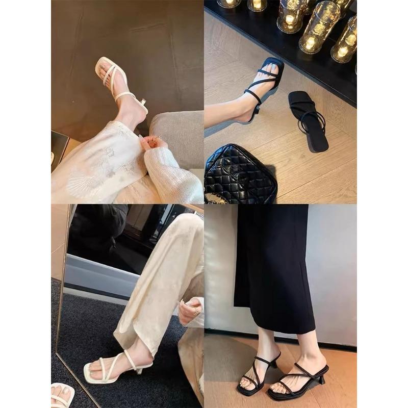 2025 Summer New Women's High Heel Slippers Fashion Square Toe Grace Narrow Band Solid Casual Daily Slippers Zapatos De Mujer
