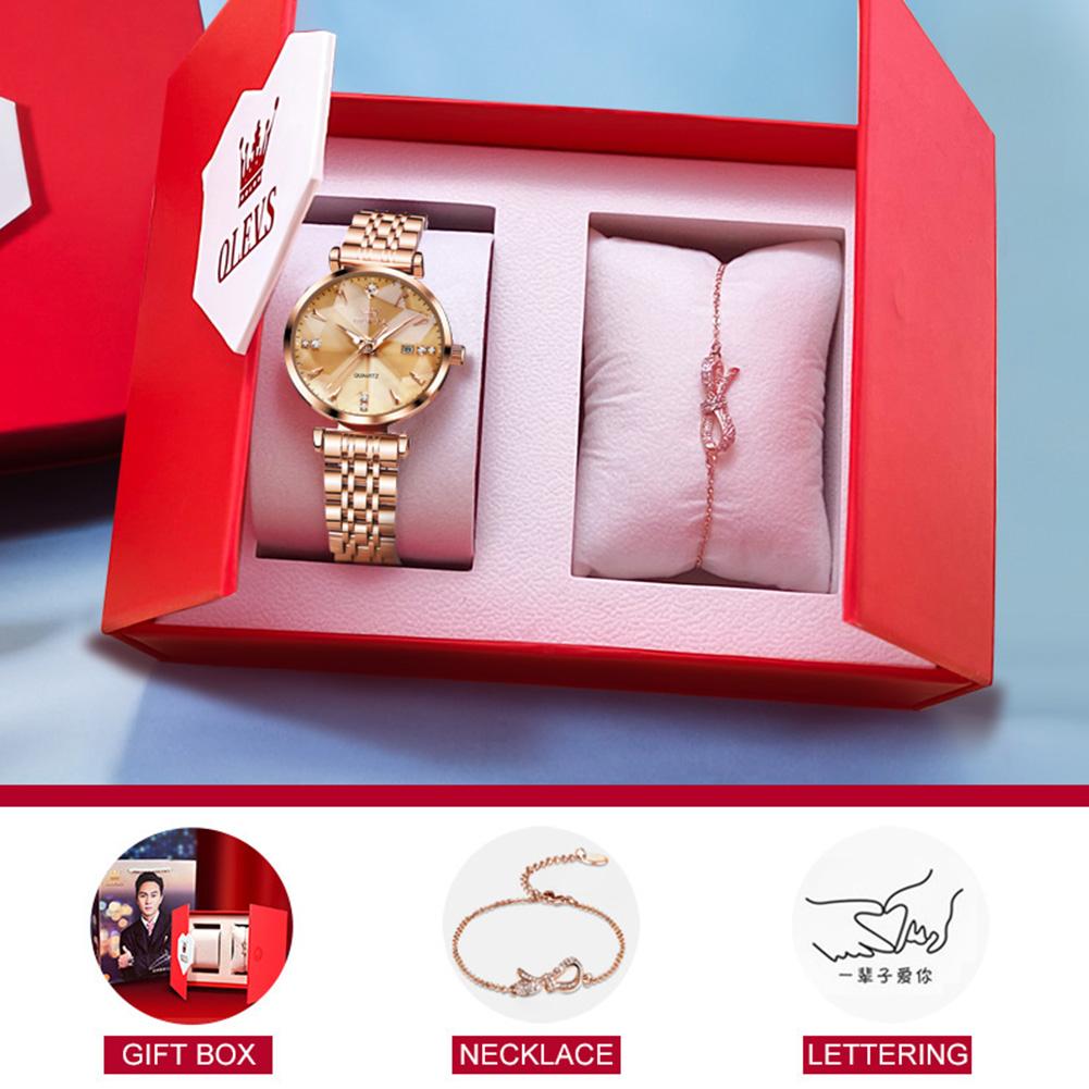 OLEVS 5536 Womens Watch Luxury Quartz Wristwatch Waterproof Stainless Steel Zircon Scale Date Watches For Women Bracelet Set