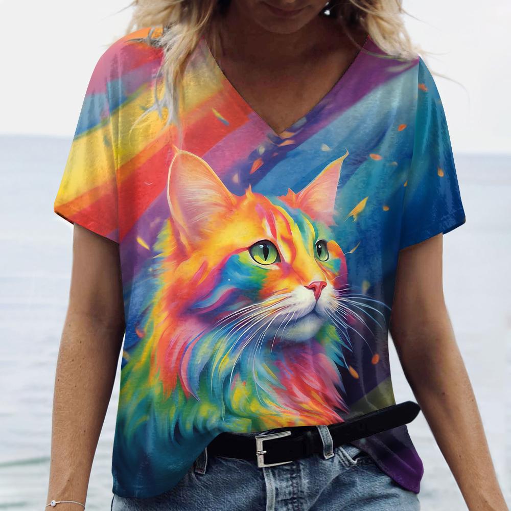 Женская летняя футболка с коротким рукавом, свободная одежда больших размеров, топы с v-образным вырезом, топы с принтом животных и птиц, женские повседневные футболки, одежда 2024