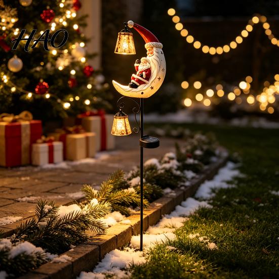Solar Pathway Lighting for Lawn Christmas Santa Claus Moon Garden Stake Light, Waterproof Crescent Decorative Lighted Stakes LED Light Outdoor