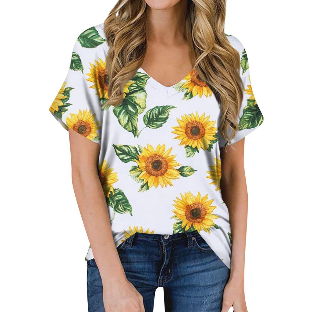 Женская летняя модная повседневная блузка с V-образным вырезом и коротким рукавом с принтом