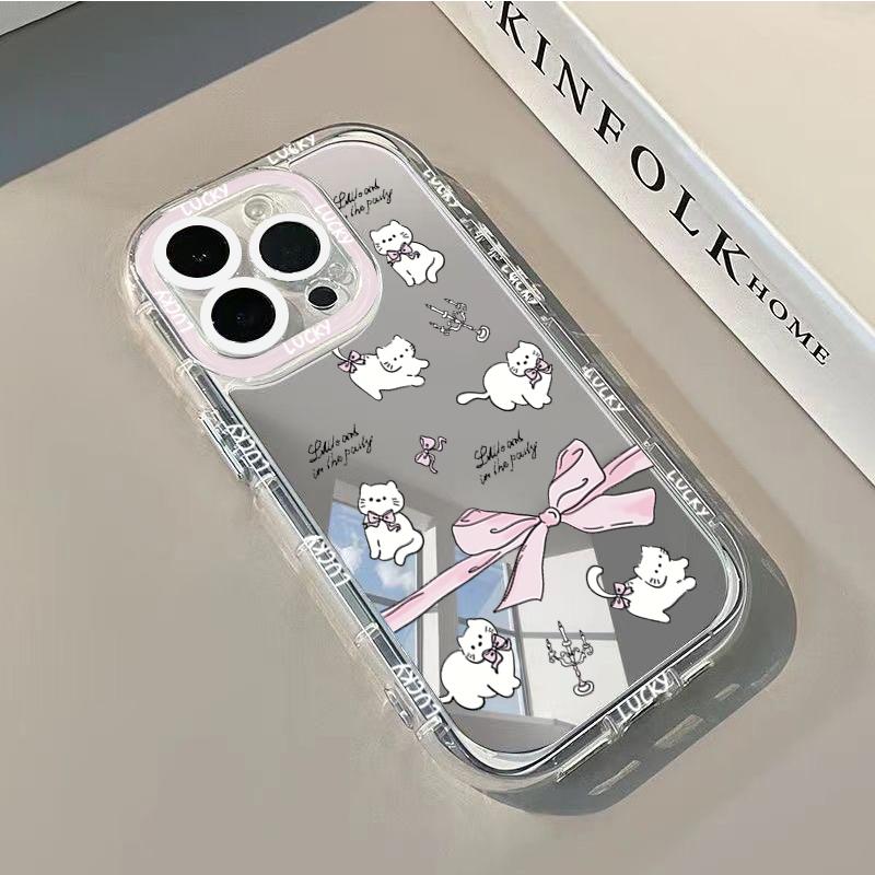 Полый бант Милый розовый кот Зеркало Чехол для телефона Для iPhone 17 Air 16E 16 15 14 13 12 11 Pro Max X XR XS 7 8 Plus SE2 Чехлы Задняя крышка
