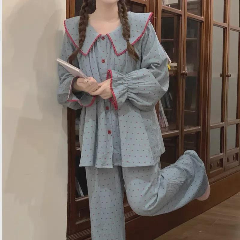 Пижамный комплект из мягкого хлопка для женщин Yunduo - длинный рукав и брюки, свободный крой, можно носить на улице