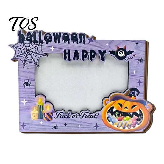 Indoor Festival Decorations Halloween Wooden Photo Frame, Double Layer Wood Tabletop Picture Holder, Holiday Table Creative Display Stand for
