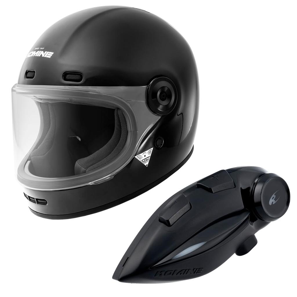KOMINE Neo Retro Full Face Helmet Motorcycle Intercom Gloss Black L HK-190 + KK-902
