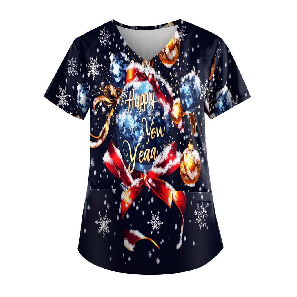 Women's Fashion New Year Printed Short Sleeve V-Neck Top Small Pocket Work T-Shirt