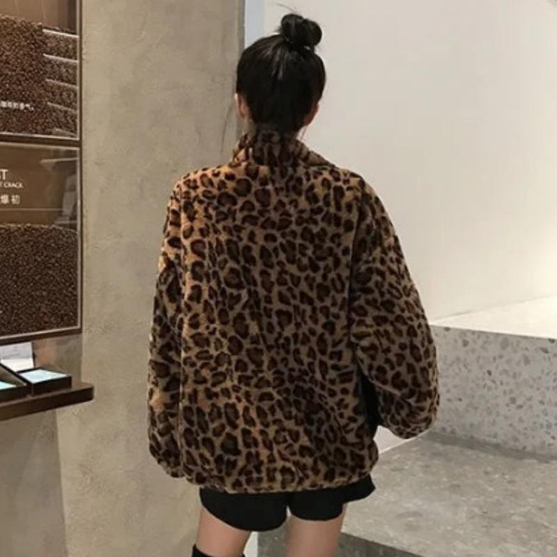 Зимняя куртка с леопардовым принтом, женская теплая парка с воротником-стойкой, верхняя одежда 2024 года, новые осенне-зимние корейские женские свободные пальто из искусственного меха