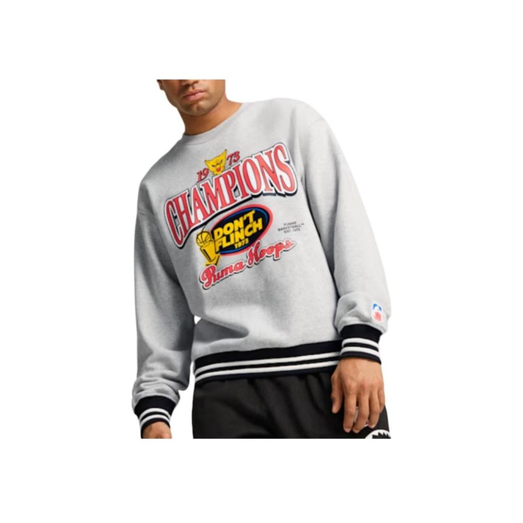 Puma Champs Crew Культура баскетбола Принт с надписью Свитшот с круглым вырезом и длинными рукавами Мужской свитшот Светло-серый Камень-Цветок 627209-01