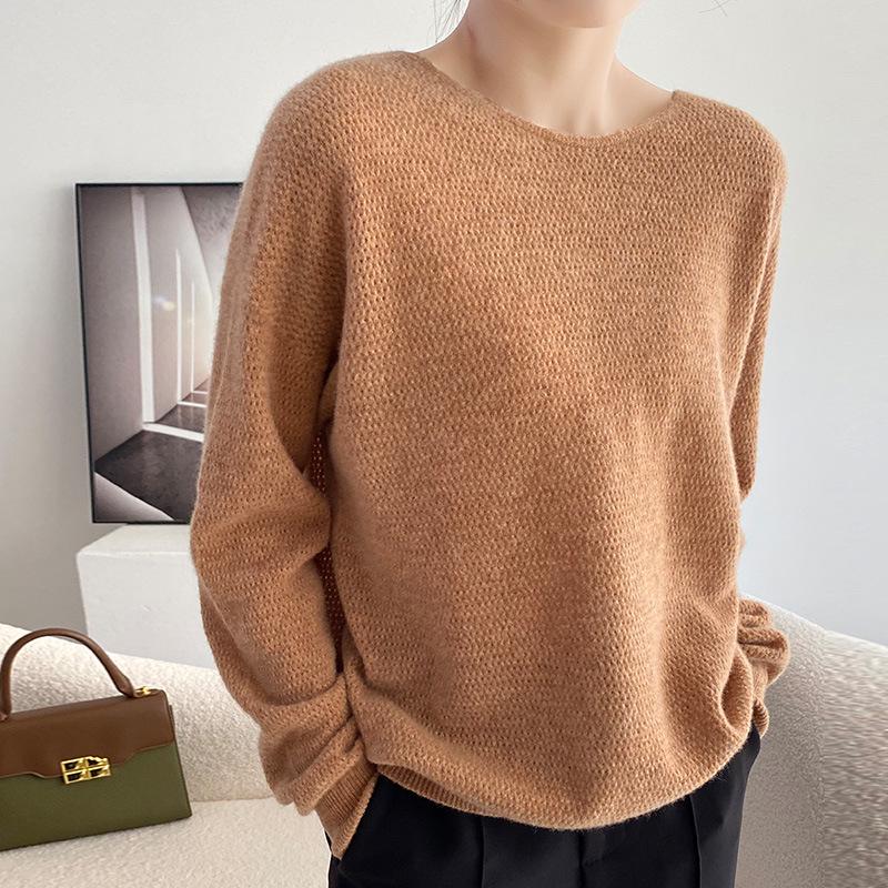 Women's Round Neck Wool Knitwear - Loose Fit Long Sleeve Pullover for Autumn & Winter