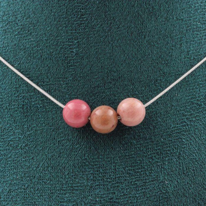 Pierres et Minéraux. Collier 3 perles Rhodonite 8 mm Chaine en acier inoxydable Collier femmes, hommes. Taille personnalisable.