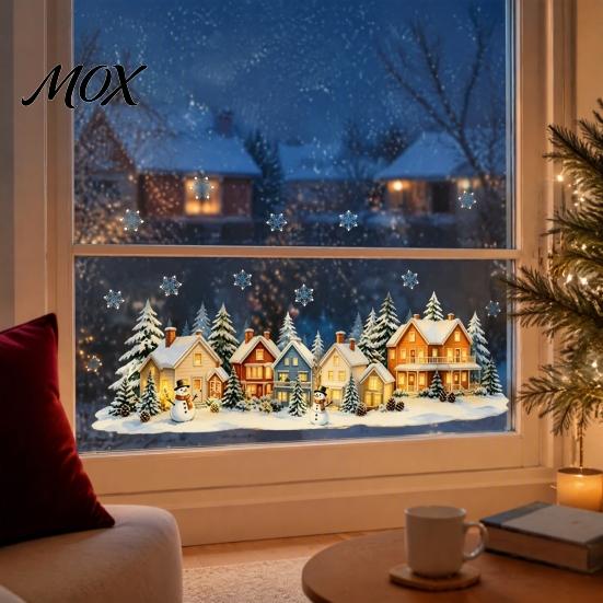 Christmas Window Clings Snow Village Static Cling, Glowing Warm Scenery Sticker Waterproof PVC Film for Glass, Snowman House Winter Decor Balcony DIY