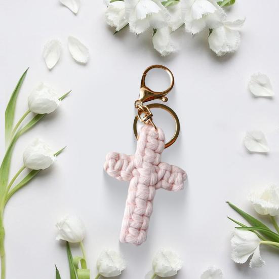 Handmade Christian Cross-shaped Keychain with Golden Ring Compact Comfortable Prayer Pendant Religious Accessory
